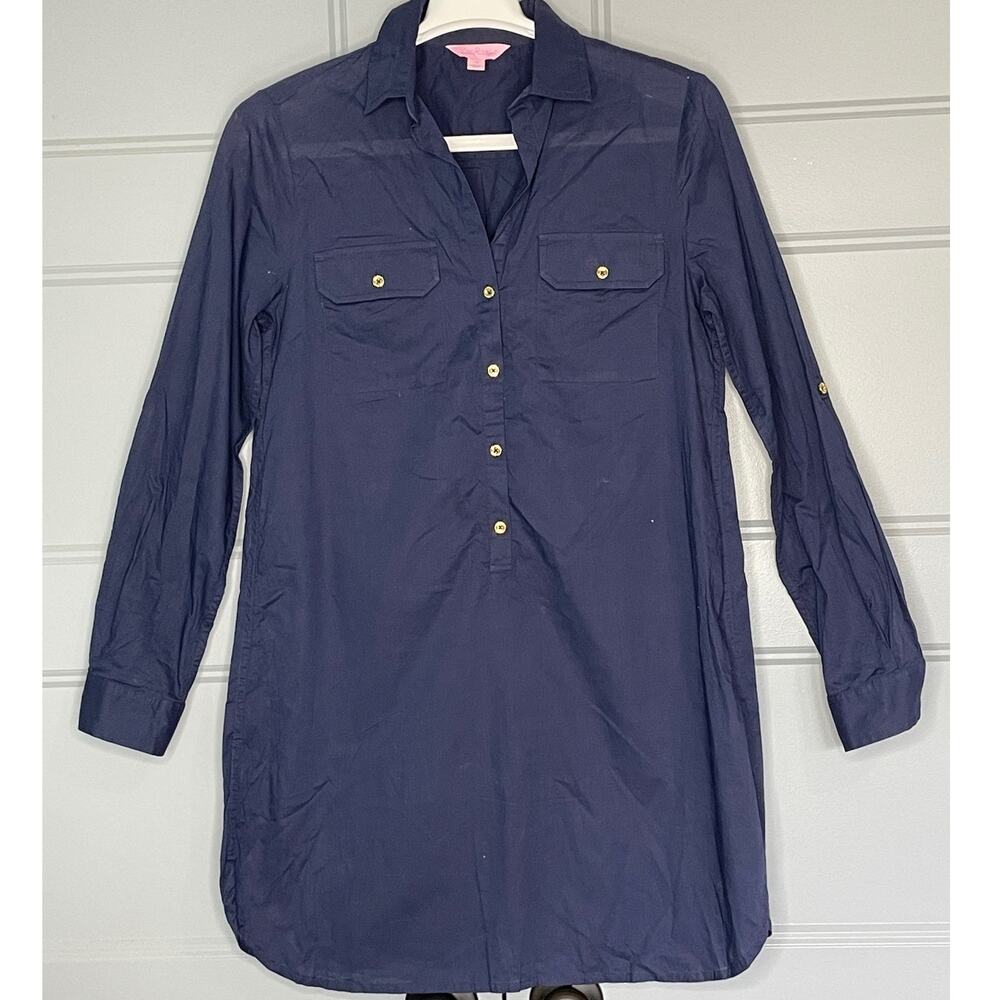 Lilly Pulitzer Navy Shirt Popover Dress Roll Tab Sleeves Chest Pockets Size XS